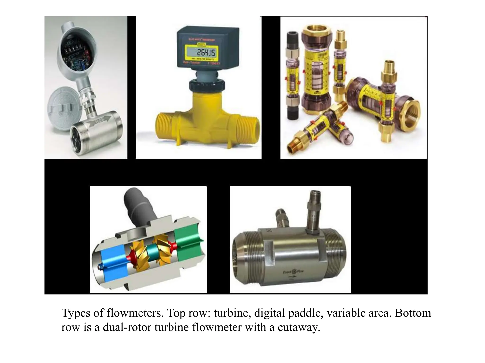 Types of flowmeters. Top row: turbine, digital paddle, variable area. Bottom
row is a dual-rotor turbine flowmeter with a cutaway.
 