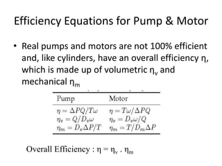 Efficiency Equations for Pump & Motor
• Real pumps and motors are not 100% efficient
and, like cylinders, have an overall efficiency η,
which is made up of volumetric ηv and
mechanical ηm
Overall Efficiency : η = ηv . ηm
 