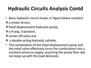 • Basic hydraulic circuit shown in Figure below contains
a motor-driven,
fixed-displacement hydraulic pump,
a 4-way, 3-position,
center off valve and
 a double-acting hydraulic cylinder.
• The combination of the fixed displacement pump and
the relief valve effectively turns the combination into a
constant pressure supply, assuming the pump flow rate
can keep up with the load demands.
Hydraulic Circuits Analysis Contd
 
