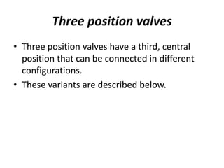 Three position valves
• Three position valves have a third, central
position that can be connected in different
configurations.
• These variants are described below.
 