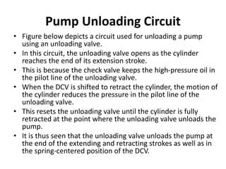 Pump Unloading Circuit
• Figure below depicts a circuit used for unloading a pump
using an unloading valve.
• In this circuit, the unloading valve opens as the cylinder
reaches the end of its extension stroke.
• This is because the check valve keeps the high-pressure oil in
the pilot line of the unloading valve.
• When the DCV is shifted to retract the cylinder, the motion of
the cylinder reduces the pressure in the pilot line of the
unloading valve.
• This resets the unloading valve until the cylinder is fully
retracted at the point where the unloading valve unloads the
pump.
• It is thus seen that the unloading valve unloads the pump at
the end of the extending and retracting strokes as well as in
the spring-centered position of the DCV.
 