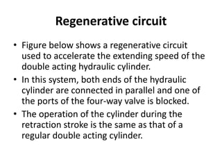 Regenerative circuit
• Figure below shows a regenerative circuit
used to accelerate the extending speed of the
double acting hydraulic cylinder.
• In this system, both ends of the hydraulic
cylinder are connected in parallel and one of
the ports of the four-way valve is blocked.
• The operation of the cylinder during the
retraction stroke is the same as that of a
regular double acting cylinder.
 