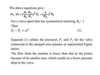 The above equations give:
For a valve spool that has symmetrical metering, Rs= 1
Then
𝑃𝑠 − 𝑃1 = 𝛼2 (1)
Equation (1) relates the pressures P1 and P2 for the valve
connected to the unequal area actuator as represented Figure
below.
The flow from the annulus is lower than that to the piston
because of its smaller area, which results in a lower pressure
drop in the valve.
 