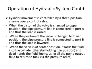  Cylinder movement is controlled by a three-position
change over a control valve.
• When the piston of the valve is changed to upper
position, the pipe pressure line is connected to port A
and thus the load is raised.
• When the position of the valve is changed to lower
position, the pipe pressure line is connected to port B
and thus the load is lowered.
• When the valve is at center position, it locks the fluid
into the cylinder (thereby holding it in position) and
dead - ends the fluid line (causing all the pump output
fluid to return to tank via the pressure relief).
Operation of Hydraulic System Contd
 