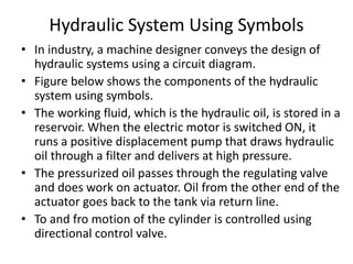 Hydraulic System Using Symbols
• In industry, a machine designer conveys the design of
hydraulic systems using a circuit diagram.
• Figure below shows the components of the hydraulic
system using symbols.
• The working fluid, which is the hydraulic oil, is stored in a
reservoir. When the electric motor is switched ON, it
runs a positive displacement pump that draws hydraulic
oil through a filter and delivers at high pressure.
• The pressurized oil passes through the regulating valve
and does work on actuator. Oil from the other end of the
actuator goes back to the tank via return line.
• To and fro motion of the cylinder is controlled using
directional control valve.
 