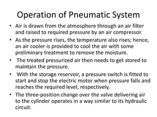 Operation of Pneumatic System
• Air is drawn from the atmosphere through an air filter
and raised to required pressure by an air compressor.
• As the pressure rises, the temperature also rises; hence,
an air cooler is provided to cool the air with some
preliminary treatment to remove the moisture.
• The treated pressurized air then needs to get stored to
maintain the pressure.
• With the storage reservoir, a pressure switch is fitted to
start and stop the electric motor when pressure falls and
reaches the required level, respectively.
• The three-position change over the valve delivering air
to the cylinder operates in a way similar to its hydraulic
circuit.
 