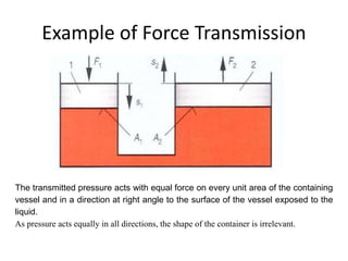 Example of Force Transmission
The transmitted pressure acts with equal force on every unit area of the containing
vessel and in a direction at right angle to the surface of the vessel exposed to the
liquid.
As pressure acts equally in all directions, the shape of the container is irrelevant.
 