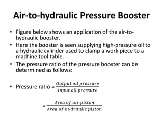 • Figure below shows an application of the air-to-
hydraulic booster.
• Here the booster is seen supplying high-pressure oil to
a hydraulic cylinder used to clamp a work piece to a
machine tool table.
• The pressure ratio of the pressure booster can be
determined as follows:
• Pressure ratio =
𝑂𝑢𝑡𝑝𝑢𝑡 𝑜𝑖𝑙 𝑝𝑟𝑒𝑠𝑠𝑢𝑟𝑒
𝐼𝑛𝑝𝑢𝑡 𝑜𝑖𝑙 𝑝𝑟𝑒𝑠𝑠𝑢𝑟𝑒
=
𝐴𝑟𝑒𝑎 𝑜𝑓 𝑎𝑖𝑟 𝑝𝑖𝑠𝑡𝑜𝑛
𝐴𝑟𝑒𝑎 𝑜𝑓 ℎ𝑦𝑑𝑟𝑎𝑢𝑙𝑖𝑐 𝑝𝑖𝑠𝑡𝑜𝑛
Air-to-hydraulic Pressure Booster
 