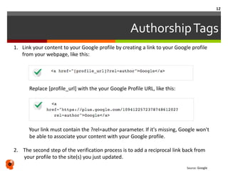 1. Link your content to your Google profile by creating a link to your Google profile
from your webpage, like this:
Replace [profile_url] with the your Google Profile URL, like this:
Your link must contain the ?rel=author parameter. If it's missing, Google won't
be able to associate your content with your Google profile.
2. The second step of the verification process is to add a reciprocal link back from
your profile to the site(s) you just updated.
AuthorshipTags
Source: Google
12
 