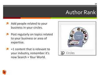 Author Rank
 Add people related to your
business in your circles.
 Post regularly on topics related
to your business or area of
expertise.
 +1 content that is relevant to
your industry, remember it’s
now Search + Your World.
14
 