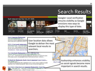 Search Results
Google+ Local verification
ensures visibility as Google
envisions new ways to
display this type of data.
Authorship enhances visibility
as social signals become more
important in search results.
User location data allows
Google to deliver the most
relevant local results to
searchers.
15
 