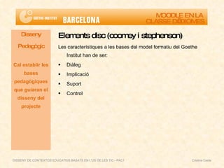 Elements disc (coomey i stephenson) Les característiques a les bases del model formatiu del Goethe Institut han de ser: Diàleg Implicació Suport Control Disseny Pedagògic Cal establir les bases pedagògiques que guiaran el disseny del projecte MOODLE EN LA  CLASSE D’IDIOMES DISSENY DE CONTEXTOS EDUCATIUS BASATS EN L'ÚS DE LES TIC - PAC1  Cristina Ceide 