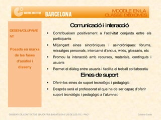 Comunicació i interacció Contribueixen positivament a l’activitat conjunta entre els participants Mitjançant eines sincròniques i asincròniques: fòrums, missatges personals, intercanvi d’arxius, wikis, glossaris, etc Promou la interacció amb recursos, materials, continguts i usuaris Permet el diàleg entre usuaris i facilita el treball col·laboratiu Eines de suport Oferir-los eines de suport tecnològic i pedagògic Després serà el professorat el que ha de ser capaç d’oferir suport tecnològic i pedagògic a l’alumnat DESENVOLUPAMENT Posada en marxa de les fases d’anàlisi i disseny MOODLE EN LA  CLASSE D’IDIOMES DISSENY DE CONTEXTOS EDUCATIUS BASATS EN L'ÚS DE LES TIC - PAC1  Cristina Ceide 