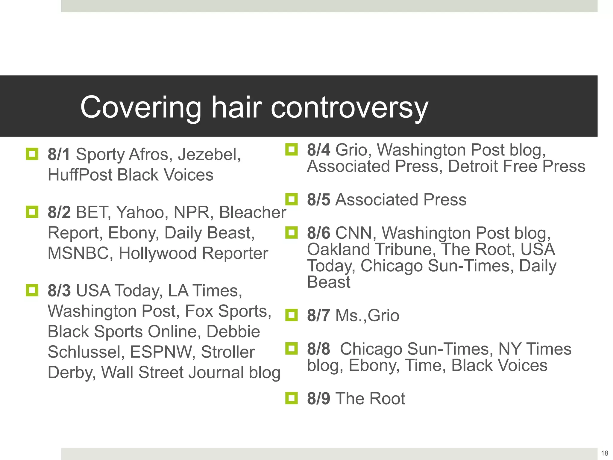 Covering hair controversy
 8/1 Sporty Afros, Jezebel,
HuffPost Black Voices
 8/2 BET, Yahoo, NPR, Bleacher
Report, Ebony, Daily Beast,
MSNBC, Hollywood Reporter
 8/3 USA Today, LA Times,
Washington Post, Fox Sports,
Black Sports Online, Debbie
Schlussel, ESPNW, Stroller
Derby, Wall Street Journal blog
 8/4 Grio, Washington Post blog,
Associated Press, Detroit Free Press
 8/5 Associated Press
 8/6 CNN, Washington Post blog,
Oakland Tribune, The Root, USA
Today, Chicago Sun-Times, Daily
Beast
 8/7 Ms.,Grio
 8/8 Chicago Sun-Times, NY Times
blog, Ebony, Time, Black Voices
 8/9 The Root
18
 