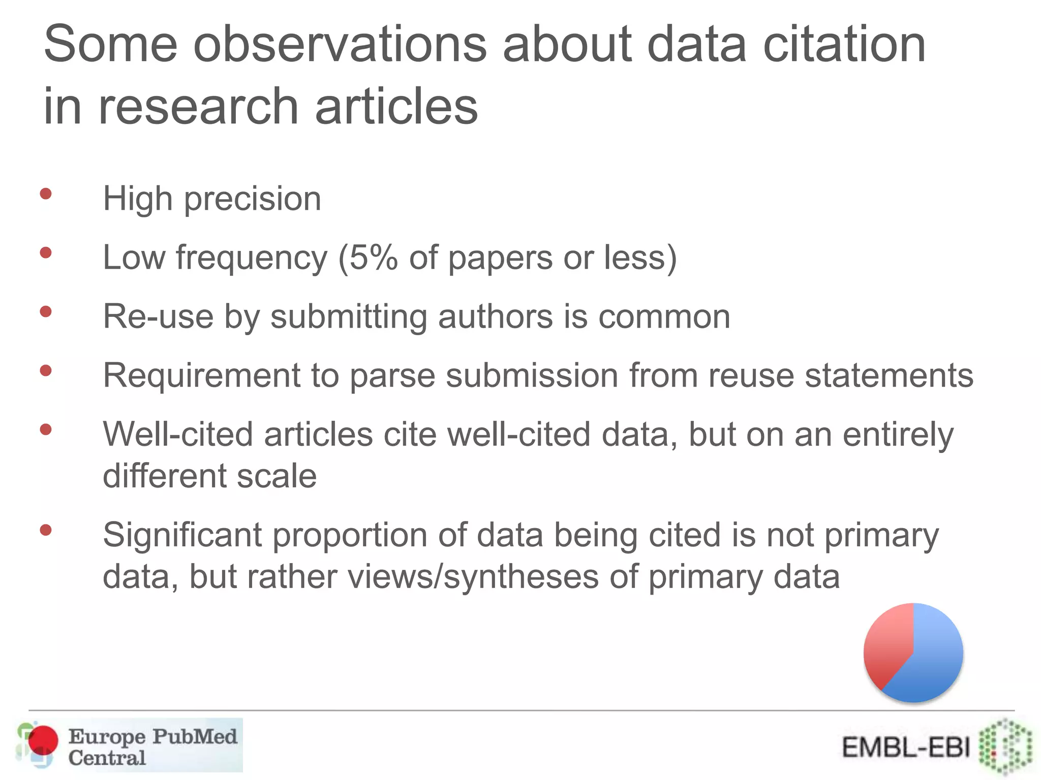 Some observations about data citation
in research articles
• High precision
• Low frequency (5% of papers or less)
• Re-use by submitting authors is common
• Requirement to parse submission from reuse statements
• Well-cited articles cite well-cited data, but on an entirely
different scale
• Significant proportion of data being cited is not primary
data, but rather views/syntheses of primary data
 