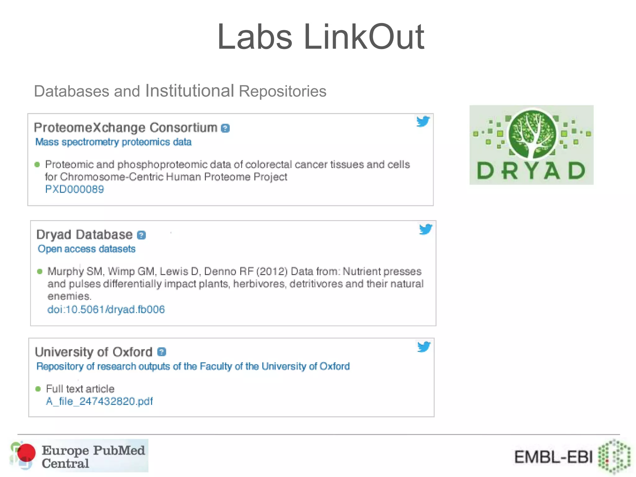 Labs LinkOut
Text mining algorithmsDatabases and Institutional Repositories
 