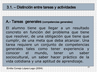 Emilia Conejo López-Lago (2004) A.- Tareas  generales   (competencias generales) El alumno tiene que llegar a un resultado concreto en función del problema que tiene que resolver, de una obligación que tiene que cumplir, de una meta que deba alcanzar. Una tarea requiere un conjunto de competencias generales tales como tener experiencia y conocer el mundo, tener un saber sociocultural, un saber hacer práctico de la vida cotidiana y una aptitud de aprendizaje.  3.1. – Distinción entre tareas y actividades 