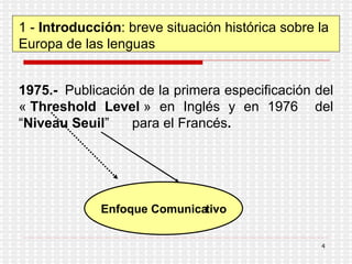 1 -  Introducción : breve situación histórica sobre la Europa de las lenguas 1975.-   Publicación de la primera especificación del «  Threshold Level  » en Inglés y en 1976  del “ Niveau Seuil ”  para el Francés . Enfoque Comunicativo 