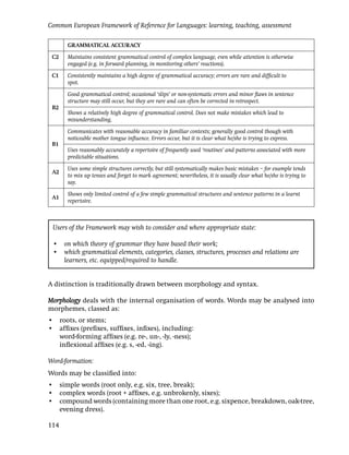 Common European Framework of Reference for Languages: learning, teaching, assessment

      GRAMMATICAL ACCURACY

 C2   Maintains consistent grammatical control of complex language, even while attention is otherwise
      engaged (e.g. in forward planning, in monitoring others’ reactions).

 C1   Consistently maintains a high degree of grammatical accuracy; errors are rare and difﬁcult to
      spot.

      Good grammatical control; occasional ‘slips’ or non-systematic errors and minor ﬂaws in sentence
      structure may still occur, but they are rare and can often be corrected in retrospect.
 B2
      Shows a relatively high degree of grammatical control. Does not make mistakes which lead to
      misunderstanding.

      Communicates with reasonable accuracy in familiar contexts; generally good control though with
      noticeable mother tongue inﬂuence. Errors occur, but it is clear what he/she is trying to express.
 B1
      Uses reasonably accurately a repertoire of frequently used ‘routines’ and patterns associated with more
      predictable situations.

      Uses some simple structures correctly, but still systematically makes basic mistakes – for example tends
 A2
      to mix up tenses and forget to mark agreement; nevertheless, it is usually clear what he/she is trying to
      say.

      Shows only limited control of a few simple grammatical structures and sentence patterns in a learnt
 A1
      repertoire.



 Users of the Framework may wish to consider and where appropriate state:

 • on which theory of grammar they have based their work;
 • which grammatical elements, categories, classes, structures, processes and relations are
   learners, etc. equipped/required to handle.


A distinction is traditionally drawn between morphology and syntax.

Morphology deals with the internal organisation of words. Words may be analysed into
morphemes, classed as:
• roots, or stems;
• afﬁxes (preﬁxes, sufﬁxes, inﬁxes), including:
  word-forming afﬁxes (e.g. re-, un-, -ly, -ness);
  inﬂexional afﬁxes (e.g. s, -ed, -ing).

Word-formation:
Words may be classiﬁed into:
• simple words (root only, e.g. six, tree, break);
• complex words (root + afﬁxes, e.g. unbrokenly, sixes);
• compound words (containing more than one root, e.g. sixpence, breakdown, oak-tree,
  evening dress).

114
 