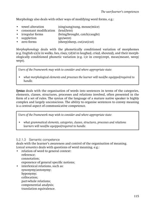 The user/learner’s competences

Morphology also deals with other ways of modifying word forms, e.g.:

•     vowel alteration             (sing/sang/sung, mouse/mice)
•     consonant modiﬁcation        (lend/lent)
•     irregular forms              (bring/brought, catch/caught)
•     suppletion                   (go/went)
•     zero forms                   (sheep/sheep, cut/cut/cut)

Morphophonology deals with the phonetically conditioned variation of morphemes
(e.g. English s/z/iz in walks, lies, rises; t/d/id in laughed, cried, shouted), and their morph-
ologically conditioned phonetic variation (e.g. i:/e in creep/crept, mean/meant, weep/
wept).

    Users of the Framework may wish to consider and where appropriate state:

    • what morphological elements and processes the learner will need/be equipped/required to
      handle.


Syntax deals with the organisation of words into sentences in terms of the categories,
elements, classes, structures, processes and relations involved, often presented in the
form of a set of rules. The syntax of the language of a mature native speaker is highly
complex and largely unconscious. The ability to organise sentences to convey meaning
is a central aspect of communicative competence.

    Users of the Framework may wish to consider and where appropriate state:

    • what grammatical elements, categories, classes, structures, processes and relations
      learners will need/be equipped/required to handle.



5.2.1.3 Semantic competence
deals with the learner’s awareness and control of the organisation of meaning.
Lexical semantics deals with questions of word meaning, e.g.:
• relation of word to general context:
    reference;
    connotation;
    exponence of general speciﬁc notions;
• interlexical relations, such as:
    synonymy/antonymy;
    hyponymy;
    collocation;
    part-whole relations;
    componential analysis;
    translation equivalence.

                                                                                               115
 