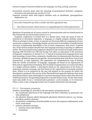 Common European Framework of Reference for Languages: learning, teaching, assessment

Grammatical semantics deals with the meaning of grammatical elements, categories,
  structures and processes (see section 5.2.1.2).
Pragmatic semantics deals with logical relations such as entailment, presupposition,
  implicature, etc.

 Users of the Framework may wish to consider and where appropriate state:

 • what kinds of semantic relation learners are equipped/required to build up/demonstrate.


Questions of meaning are of course central to communication and are treated passim in
this Framework (see particularly section 5.1.1.1).
   Linguistic competence is treated here in a formal sense. From the point of view of
theoretical or descriptive linguistics, a language is a highly complex symbolic system.
When an attempt is made, as here, to separate out the many different components of com-
municative competence, knowledge (largely unconscious) of and ability to handle formal
structure is legitimately identiﬁable as one of those components. How much, if indeed
any, of this formal analysis should enter into language learning or teaching is a different
matter. The functional/notional approach adopted in the Council of Europe publications
Waystage 1990, Threshold Level 1990 and Vantage Level offers an alternative to the treatment
of linguistic competence in Section 5.2.1–3. Instead of starting from language forms and
their meanings, it starts from a systematic classiﬁcation of communicative functions and
of notions, divided into general and speciﬁc, and secondarily deals with forms, lexical and
grammatical, as their exponents. The approaches are complementary ways of dealing
with the ‘double articulation’ of language. Languages are based on an organisation of
form and an organisation of meaning. The two kinds of organisation cut across each other
in a largely arbitrary fashion. A description based on the organisation of the forms of
expression atomises meaning, and that based on the organisation of meaning atomises
form. Which is to be preferred by the user will depend on the purpose for which the
description is produced. The success of the Threshold Level approach indicates that many
practitioners ﬁnd it more advantageous to go from meaning to form rather than the more
traditional practice of organising progression in purely formal terms. On the other hand,
some may prefer to use a ‘communicative grammar’, as for example, in Un niveau-seuil.
What is clear is that a language learner has to acquire both forms and meanings.


5.2.1.4 Phonological competence
involves a knowledge of, and skill in the perception and production of:
• the sound-units (phonemes) of the language and their realisation in particular con-
    texts (allophones);
• the phonetic features which distinguish phonemes (distinctive features, e.g. voicing,
    rounding, nasality, plosion);
• the phonetic composition of words (syllable structure, the sequence of phonemes, word
    stress, word tones);
• sentence phonetics (prosody)
    • sentence stress and rhythm
    • intonation;

116
 