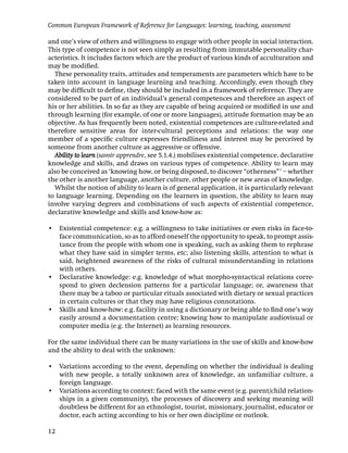 Common European Framework of Reference for Languages: learning, teaching, assessment

and one’s view of others and willingness to engage with other people in social interaction.
This type of competence is not seen simply as resulting from immutable personality char-
acteristics. It includes factors which are the product of various kinds of acculturation and
may be modiﬁed.
  These personality traits, attitudes and temperaments are parameters which have to be
taken into account in language learning and teaching. Accordingly, even though they
may be difﬁcult to deﬁne, they should be included in a framework of reference. They are
considered to be part of an individual’s general competences and therefore an aspect of
his or her abilities. In so far as they are capable of being acquired or modiﬁed in use and
through learning (for example, of one or more languages), attitude formation may be an
objective. As has frequently been noted, existential competences are culture-related and
therefore sensitive areas for inter-cultural perceptions and relations: the way one
member of a speciﬁc culture expresses friendliness and interest may be perceived by
someone from another culture as aggressive or offensive.
  Ability to learn (savoir apprendre, see 5.1.4.) mobilises existential competence, declarative
knowledge and skills, and draws on various types of competence. Ability to learn may
also be conceived as ‘knowing how, or being disposed, to discover “otherness”’ – whether
the other is another language, another culture, other people or new areas of knowledge.
  Whilst the notion of ability to learn is of general application, it is particularly relevant
to language learning. Depending on the learners in question, the ability to learn may
involve varying degrees and combinations of such aspects of existential competence,
declarative knowledge and skills and know-how as:

• Existential competence: e.g. a willingness to take initiatives or even risks in face-to-
  face communication, so as to afford oneself the opportunity to speak, to prompt assis-
  tance from the people with whom one is speaking, such as asking them to rephrase
  what they have said in simpler terms, etc; also listening skills, attention to what is
  said, heightened awareness of the risks of cultural misunderstanding in relations
  with others.
• Declarative knowledge: e.g. knowledge of what morpho-syntactical relations corre-
  spond to given declension patterns for a particular language; or, awareness that
  there may be a taboo or particular rituals associated with dietary or sexual practices
  in certain cultures or that they may have religious connotations.
• Skills and know-how: e.g. facility in using a dictionary or being able to ﬁnd one’s way
  easily around a documentation centre; knowing how to manipulate audiovisual or
  computer media (e.g. the Internet) as learning resources.

For the same individual there can be many variations in the use of skills and know-how
and the ability to deal with the unknown:

• Variations according to the event, depending on whether the individual is dealing
  with new people, a totally unknown area of knowledge, an unfamiliar culture, a
  foreign language.
• Variations according to context: faced with the same event (e.g. parent/child relation-
  ships in a given community), the processes of discovery and seeking meaning will
  doubtless be different for an ethnologist, tourist, missionary, journalist, educator or
  doctor, each acting according to his or her own discipline or outlook.

12
 