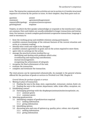 The user/learner’s competences

terns. The interactive communicative activities set out in section 4.4.3 involve structured
sequences of actions by the parties in turns. At their simplest, they form pairs such as:

question:                answer
statement:               agreement/disagreement
request/offer/apology:   acceptance/non-acceptance
greeting/toast:          response

Triplets, in which the ﬁrst speaker acknowledges or responds to the interlocutor’s reply,
are common. Pairs and triplets are usually embedded in longer transactions and interac-
tions. For instance, in more complex goal-oriented co-operative transactions, language is
used as necessary to:

• form the working group and establish relations among participants;
• establish common knowledge of the relevant features of the current situation and
  arrive at a common reading;
• identify what could and ought to be changed;
• establish common agreement on goals and on the action required to meet them;
• agree roles in carrying out the action;
• manage the practical actions involved by e.g.:
    identifying and dealing with problems which arise;
    co-ordinating and sequencing contributions;
    mutual encouragement;
    recognising the achievement of sub-goals;
• recognise the ﬁnal achievement of the task;
• evaluate the transaction;
• complete and terminate the transaction.

The total process can be represented schematically. An example is the general schema
offered for the purchase of goods or services in Threshold Level 1990, Chapter 8:

   General Schema for purchase of goods or services
1. Moving to place of transaction
   1.1 Finding the way to the shop, store, supermarket, restaurant, station, hotel, etc.
   1.2 Finding the way to the counter, department, table, ticket ofﬁce, reception, etc.
2. Establishing contact
   2.1 Exchanging greetings with the shopkeeper/assistant/waiter/receptionist, etc.
        2.1.1 assistant greets
        2.1.2 customer greets
3. Selecting goods/services
   3.1 identifying category of goods/services required
        3.1.1 seeking information
        3.1.2 giving information
   3.2 identifying options
   3.3 discussing pros and cons of options (e.g. quality, price, colour, size of goods)
        3.3.1 seeking information
        3.3.2 giving information

                                                                                        127
 