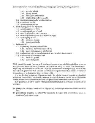 Common European Framework of Reference for Languages: learning, teaching, assessment

        3.3.3 seeking advice
        3.3.4 giving advice
        3.3.5 asking for preference
        3.3.6 expressing preference, etc.
   3.4 identifying particular goods required
   3.5 examining goods
   3.6 agreeing to purchase
4. Exchanging goods for payment
   4.1 agreeing prices of items
   4.2 agreeing addition of total
   4.3 receiving/handing over payment
   4.4 receiving/handing over goods (and receipt)
   4.5 exchanging thanks
        4.5.1 assistant thanks
        4.5.2 customer thanks
5. Leave-taking
   5.1 expressing (mutual) satisfaction
        5.1.1 assistant expresses satisfaction
        5.1.2 customer expresses satisfaction
   5.2 exchanging interpersonal comment (e.g. weather, local gossip)
   5.3 exchanging parting greetings
        5.3.1 assistant greets
        5.3.2 customer greets

NB It should be noted that, as with similar schemata, the availability of this schema to
shoppers and shop assistants does not mean that on every occasion this form is used.
Especially under modern conditions, language is often used more sparingly, particularly
to deal with problems that arise in an otherwise depersonalised and semi-automated
transaction, or to humanise it (see section 4.1.1).
  It is not feasible to develop illustrative scales for all the areas of competence implied
when one talks of functional ability. Certain microfunctional activities are in fact scaled
in the illustrative scales for interactive and productive communicative activities.
  Two generic qualitative factors which determine the functional success of the learner/
user are:

a) ﬂuency, the ability to articulate, to keep going, and to cope when one lands in a dead
   end
b) propositional precision, the ability to formulate thoughts and propositions so as to
   make one’s meaning clear.




128
 