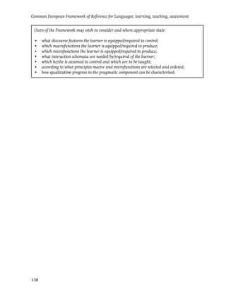 Common European Framework of Reference for Languages: learning, teaching, assessment


 Users of the Framework may wish to consider and where appropriate state:

 •    what discourse features the learner is equipped/required to control;
 •    which macrofunctions the learner is equipped/required to produce;
 •    which microfunctions the learner is equipped/required to produce;
 •    what interaction schemata are needed by/required of the learner;
 •    which he/she is assumed to control and which are to be taught;
 •    according to what principles macro- and microfunctions are selected and ordered;
 •    how qualitative progress in the pragmatic component can be characterised.




130
 
