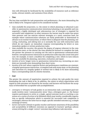 Tasks and their role in language teaching

   ities will obviously be facilitated by the availability of resources such as reference
   works, relevant models, and assistance from others.

• Time:
The less time available for task preparation and performance, the more demanding the
task is likely to be. Temporal aspects to be considered include:

• time available for preparation, i.e. the extent to which planning or rehearsal is pos-
  sible: in spontaneous communication intentional planning is not possible and con-
  sequently a highly developed and subconscious use of strategies is required for
  successful task completion; in other instances the learner may be under less severe
  time pressure and can exercise relevant strategies at a more conscious level, for
  example where communication schemata are fairly predictable or determined in
  advance as in routine transactions, or where there is adequate time for planning, exe-
  cuting, evaluating, and editing text as is normally the case with interaction tasks
  which do not require an immediate response (corresponding by letter) or non-
  immediate spoken or written production tasks;
• time available for execution: the greater the degree of urgency inherent in the com-
  municative event, or the shorter the time allowed for learners to complete the task,
  the greater the pressure in carrying out the task in spontaneous communication;
  however, non-spontaneous interaction or production tasks may also create time pres-
  sure, for example, to meet a deadline for completing a text, which in turn reduces
  the time available for planning, execution, evaluation and repair;
• duration of turns: longer turns in spontaneous interaction (e.g. recounting an anec-
  dote) are normally more demanding than short turns;
• duration of the task: where cognitive factors and performance conditions are constant,
  a lengthy spontaneous interaction, a (complex) task with many steps, or the planning
  and execution of a lengthy spoken or written text is likely to be more demanding
  than a corresponding task of a shorter duration.

• Goal:
The greater the amount of negotiation required to achieve the task goal(s) the more
demanding the task is likely to be. In addition, the extent to which expectations with
regard to task outcomes are shared by the teacher and learners will facilitate the accep-
tance of diversiﬁed but acceptable task accomplishment.

• convergence or divergence of task goal(s): in an interaction task a convergent goal nor-
  mally involves more ‘communicative stress’ than a divergent goal, i.e. the former
  requires participants to arrive at a single, agreed outcome (such as reaching a con-
  sensus on a course of action to be followed) which may involve considerable negotia-
  tion as speciﬁc information which is essential for successful task completion is
  exchanged, whereas the latter has no single, speciﬁc intended outcome (e.g. a simple
  exchange of views);
• learner and teacher attitudes to goal(s): teacher and learner awareness of the possibility
  and acceptability of different outcomes (as opposed to learners’ (perhaps subcon-
  scious) striving for a single ‘correct’ outcome) may inﬂuence task execution.

                                                                                          163
 