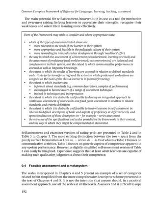 Common European Framework of Reference for Languages: learning, teaching, assessment

  The main potential for self-assessment, however, is in its use as a tool for motivation
and awareness raising: helping learners to appreciate their strengths, recognise their
weaknesses and orient their learning more effectively.

 Users of the Framework may wish to consider and where appropriate state:

 •    which of the types of assessment listed above are:
 •    • more relevant to the needs of the learner in their system
 •    • more appropriate and feasible in the pedagogic culture of their system
 •    • more rewarding in terms of teacher development through ‘washback’ effect
 •    the way in which the assessment of achievement (school-oriented; learning-oriented) and
      the assessment of proﬁciency (real world-oriented; outcome-oriented) are balanced and
      complemented in their system, and the extent to which communicative performance is
      assessed as well as linguistic knowledge.
 •    the extent to which the results of learning are assessed in relation to deﬁned standards
      and criteria (criterion-referencing) and the extent to which grades and evaluations are
      assigned on the basis of the class a learner is in (norm-referencing).
 •    the extent to which teachers are:
 •    • informed about standards (e.g. common descriptors, samples of performance)
 •    • encouraged to become aware of a range of assessment techniques
 •    • trained in techniques and interpretation
 •    the extent to which it is desirable and feasible to develop an integrated approach to
      continuous assessment of coursework and ﬁxed point assessment in relation to related
      standards and criteria deﬁnitions
 •    the extent to which it is desirable and feasible to involve learners in self-assessment in
      relation to deﬁned descriptors of tasks and aspects of proﬁciency at different levels, and
      operationalisation of those descriptors in – for example – series assessment
 •    the relevance of the speciﬁcations and scales provided in the Framework to their context,
      and the way in which they might be complemented or elaborated.


Self-assessment and examiner versions of rating grids are presented in Table 2 and in
Table 3 in Chapter 3. The most striking distinction between the two – apart from the
purely surface formulation as I can do . . . or Can do . . . is that whereas Table 2 focuses on
communicative activities, Table 3 focuses on generic aspects of competence apparent in
any spoken performance. However, a slightly simpliﬁed self-assessment version of Table
3 can easily be imagined. Experience suggests that at least adult learners are capable of
making such qualitative judgements about their competence.


9.4   Feasible assessment and a metasystem

The scales interspersed in Chapters 4 and 5 present an example of a set of categories
related to but simpliﬁed from the more comprehensive descriptive scheme presented in
the text of Chapters 4 and 5. It is not the intention that anyone should, in a practical
assessment approach, use all the scales at all the levels. Assessors ﬁnd it difﬁcult to cope

192
 
