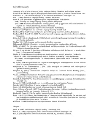 General Bibliography

Grauberg, W. (1997) The elements of foreign language teaching. Clevedon, Multilingual Matters.
Hameline, D., (1979) Les objectifs pédagogiques en formation initiale et en formation continué. Paris, E.S.F.
Hawkins, E.W. (1987) Modern languages in the curriculum, revised edn. Cambridge, CUP.
Hill, J. (1986) Literature in language teaching. London, Macmillan.
Holec, H. (1982) Autonomie et apprentissage des langues étrangères. Paris, Hatier.
   (1981) Autonomy and foreign language learning. Oxford, Pergamon.
   *(ed.) (1988) Autonomy and self-directed learning: present ﬁelds of application (with contributions in
      English and French). Strasbourg, Council of Europe.
Komensky, J.A. (Comenius) (1658) Orbis sensualium pictus. Nuremberg.
Kramsch, C. (1993) Context and Culture in Language Teaching. Oxford, OUP.
Krashen, S.D. (1982) Principles and practice of second language acquisition. Oxford, Pergamon.
Krashen, S.D. & Terrell, T.D. (1983) The natural approach: language acquisition in the classroom. Oxford,
      Pergamon.
Little, D., Devitt, S. & Singleton, D. (1988) Authentic texts in foreign language teaching: theory and prac-
      tice. Dublin, Authentik.
MacKay, W.F. (1965) Language teaching analysis. London, Longman.
McDonough, S.H. (1981) Psychology in foreign language teaching. London, Allen & Unwin.
Melde, W. (1987) Zur Integration von Landeskunde und Kommunikation im Fremdsprachenunterricht
      Tübingen, Gunter Narr Verlag.
Pêcheur, J. and Viguer, G. (eds.) (1995) Méthodes et méthodologies. Col. Recherches et applications.
      Paris, Le français dans le monde.
Piepho, H.E. (1974) Kommunikative Kompetenz als übergeordnetes Lernziel. München, Frankonius.
*Porcher, L. (1980) Reﬂections on language needs in the school. Strasbourg, Council of Europe.
   (ed.) (1992) Les auto-apprentissages. Col. Recherches et applications. Paris, Le français dans le
      monde.
Py, B. (ed.) (1994) ‘l’acquisition d’une langue seconde. Quelques développements récents’. Bulletin
      suisse de linguistique appliquée. VALS/ASLA.
Rampillon, U. and Zimmermann, G. (eds.) (1997) Strategien und Techniken beim Erwerb fremder
      Sprachen. Ismaning, Hueber.
Savignon, S.J. (1983) Communicative Competence: Theory and Classroom Practice. Reading (Mass.),
      Addison-Wesley.
*Sheils, J. (1988) Communication in the modern language classroom. Strasbourg, Council of Europe (also
      available in German, Russian and Lithuanian).
Schmidt, R. W. (1990) ‘The Role of Consciousness in Second Language Learning’. Applied Linguistics
      11/2, 129–158.
Skehan, P. (1987) Individual differences in second language learning. London, Arnold.
Spolsky, B. (1989) Conditions for second language learning. Oxford, OUP.
Stern, H.H. (1983) Fundamental concepts of language teaching. Oxford, OUP.
Stern, H.H. and A. Weinrib (1977) ‘Foreign languages for younger children: trends and assessment’.
      Language Teaching and Linguistics: Abstracts 10, 5–25.
The British Council (1978) The teaching of comprehension. London, British Council.
Trim, J.L.M. (1991) ‘Criteria for the evaluation of classroom-based materials for the learning and
      teaching of languages for communication’. In Grebing, R. Grenzenlöses Sprachenlernen. Festschrift
      für Reinhold Freudenstein. Berlin, Cornelsen.
Williams, E. (1984) Reading in the language classroom. London, Macmillan.


Chapter 7
Jones, K. (1982) Simulations in language teaching. Cambridge, CUP.
Nunan, D. (1989) Designing tasks for the communicative classroom. Cambridge, CUP.
Yule, G. (1997) Referential communication tasks. Mahwah, N.J., Lawrence Erlbaum.

202
 