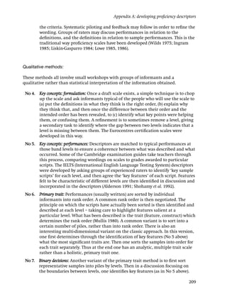 Appendix A: developing proﬁciency descriptors

        the criteria. Systematic piloting and feedback may follow in order to reﬁne the
        wording. Groups of raters may discuss performances in relation to the
        deﬁnitions, and the deﬁnitions in relation to sample performances. This is the
        traditional way proﬁciency scales have been developed (Wilds 1975; Ingram
        1985; Liskin-Gasparro 1984; Lowe 1985, 1986).



Qualitative methods:

These methods all involve small workshops with groups of informants and a
qualitative rather than statistical interpretation of the information obtained.

 No 4. Key concepts: formulation: Once a draft scale exists, a simple technique is to chop
       up the scale and ask informants typical of the people who will use the scale to
       (a) put the deﬁnitions in what they think is the right order, (b) explain why
       they think that, and then once the difference between their order and the
       intended order has been revealed, to (c) identify what key points were helping
       them, or confusing them. A reﬁnement is to sometimes remove a level, giving
       a secondary task to identify where the gap between two levels indicates that a
       level is missing between them. The Eurocentres certiﬁcation scales were
       developed in this way.
 No 5. Key concepts: performances: Descriptors are matched to typical performances at
       those band levels to ensure a coherence between what was described and what
       occurred. Some of the Cambridge examination guides take teachers through
       this process, comparing wordings on scales to grades awarded to particular
       scripts. The IELTS (International English Language Testing System) descriptors
       were developed by asking groups of experienced raters to identify ‘key sample
       scripts’ for each level, and then agree the ‘key features’ of each script. Features
       felt to be characteristic of different levels are then identiﬁed in discussion and
       incorporated in the descriptors (Alderson 1991; Shohamy et al. 1992).
 No 6. Primary trait: Performances (usually written) are sorted by individual
       informants into rank order. A common rank order is then negotiated. The
       principle on which the scripts have actually been sorted is then identiﬁed and
       described at each level – taking care to highlight features salient at a
       particular level. What has been described is the trait (feature, construct) which
       determines the rank order (Mullis 1980). A common variant is to sort into a
       certain number of piles, rather than into rank order. There is also an
       interesting multi-dimensional variant on the classic approach. In this version,
       one ﬁrst determines through the identiﬁcation of key features (No 5 above)
       what the most signiﬁcant traits are. Then one sorts the samples into order for
       each trait separately. Thus at the end one has an analytic, multiple trait scale
       rather than a holistic, primary trait one.
 No 7. Binary decisions: Another variant of the primary trait method is to ﬁrst sort
       representative samples into piles by levels. Then in a discussion focusing on
       the boundaries between levels, one identiﬁes key features (as in No 5 above).

                                                                                        209
 