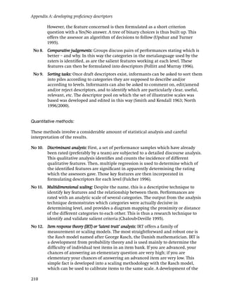 Appendix A: developing proﬁciency descriptors

        However, the feature concerned is then formulated as a short criterion
        question with a Yes/No answer. A tree of binary choices is thus built up. This
        offers the assessor an algorithm of decisions to follow (Upshur and Turner
        1995).
 No 8. Comparative judgements: Groups discuss pairs of performances stating which is
       better – and why. In this way the categories in the metalanguage used by the
       raters is identiﬁed, as are the salient features working at each level. These
       features can then be formulated into descriptors (Pollitt and Murray 1996).
 No 9. Sorting tasks: Once draft descriptors exist, informants can be asked to sort them
       into piles according to categories they are supposed to describe and/or
       according to levels. Informants can also be asked to comment on, edit/amend
       and/or reject descriptors, and to identify which are particularly clear, useful,
       relevant, etc. The descriptor pool on which the set of illustrative scales was
       based was developed and edited in this way (Smith and Kendall 1963; North
       1996/2000).


Quantitative methods:

These methods involve a considerable amount of statistical analysis and careful
interpretation of the results.

No 10. Discriminant analysis: First, a set of performance samples which have already
       been rated (preferably by a team) are subjected to a detailed discourse analysis.
       This qualitative analysis identiﬁes and counts the incidence of different
       qualitative features. Then, multiple regression is used to determine which of
       the identiﬁed features are signiﬁcant in apparently determining the rating
       which the assessors gave. Those key features are then incorporated in
       formulating descriptors for each level (Fulcher 1996).
No 11. Multidimensional scaling: Despite the name, this is a descriptive technique to
       identify key features and the relationship between them. Performances are
       rated with an analytic scale of several categories. The output from the analysis
       technique demonstrates which categories were actually decisive in
       determining level, and provides a diagram mapping the proximity or distance
       of the different categories to each other. This is thus a research technique to
       identify and validate salient criteria (Chaloub-Deville 1995).
No 12. Item response theory (IRT) or ‘latent trait’ analysis: IRT offers a family of
       measurement or scaling models. The most straightforward and robust one is
       the Rasch model named after George Rasch, the Danish mathematician. IRT is
       a development from probability theory and is used mainly to determine the
       difﬁculty of individual test items in an item bank. If you are advanced, your
       chances of answering an elementary question are very high; if you are
       elementary your chances of answering an advanced item are very low. This
       simple fact is developed into a scaling methodology with the Rasch model,
       which can be used to calibrate items to the same scale. A development of the

210
 
