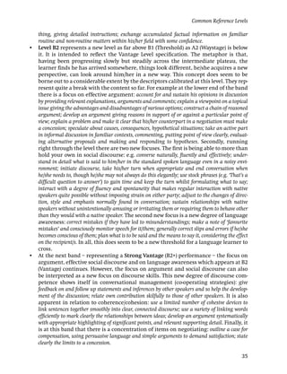 Common Reference Levels

  thing, giving detailed instructions; exchange accumulated factual information on familiar
  routine and non-routine matters within his/her ﬁeld with some conﬁdence.
• Level B2 represents a new level as far above B1 (Threshold) as A2 (Waystage) is below
  it. It is intended to reﬂect the Vantage Level speciﬁcation. The metaphor is that,
  having been progressing slowly but steadily across the intermediate plateau, the
  learner ﬁnds he has arrived somewhere, things look different, he/she acquires a new
  perspective, can look around him/her in a new way. This concept does seem to be
  borne out to a considerable extent by the descriptors calibrated at this level. They rep-
  resent quite a break with the content so far. For example at the lower end of the band
  there is a focus on effective argument: account for and sustain his opinions in discussion
  by providing relevant explanations, arguments and comments; explain a viewpoint on a topical
  issue giving the advantages and disadvantages of various options; construct a chain of reasoned
  argument; develop an argument giving reasons in support of or against a particular point of
  view; explain a problem and make it clear that his/her counterpart in a negotiation must make
  a concession; speculate about causes, consequences, hypothetical situations; take an active part
  in informal discussion in familiar contexts, commenting, putting point of view clearly, evaluat-
  ing alternative proposals and making and responding to hypotheses. Secondly, running
  right through the level there are two new focuses. The ﬁrst is being able to more than
  hold your own in social discourse: e.g. converse naturally, ﬂuently and effectively; under-
  stand in detail what is said to him/her in the standard spoken language even in a noisy envi-
  ronment; initiate discourse, take his/her turn when appropriate and end conversation when
  he/she needs to, though he/she may not always do this elegantly; use stock phrases (e.g. ‘That’s a
  difﬁcult question to answer’) to gain time and keep the turn whilst formulating what to say;
  interact with a degree of ﬂuency and spontaneity that makes regular interaction with native
  speakers quite possible without imposing strain on either party; adjust to the changes of direc-
  tion, style and emphasis normally found in conversation; sustain relationships with native
  speakers without unintentionally amusing or irritating them or requiring them to behave other
  than they would with a native speaker. The second new focus is a new degree of language
  awareness: correct mistakes if they have led to misunderstandings; make a note of ‘favourite
  mistakes’ and consciously monitor speech for it/them; generally correct slips and errors if he/she
  becomes conscious of them; plan what is to be said and the means to say it, considering the effect
  on the recipient/s. In all, this does seem to be a new threshold for a language learner to
  cross.
• At the next band – representing a Strong Vantage (B2+) performance – the focus on
  argument, effective social discourse and on language awareness which appears at B2
  (Vantage) continues. However, the focus on argument and social discourse can also
  be interpreted as a new focus on discourse skills. This new degree of discourse com-
  petence shows itself in conversational management (co-operating strategies): give
  feedback on and follow up statements and inferences by other speakers and so help the develop-
  ment of the discussion; relate own contribution skilfully to those of other speakers. It is also
  apparent in relation to coherence/cohesion: use a limited number of cohesive devices to
  link sentences together smoothly into clear, connected discourse; use a variety of linking words
  efﬁciently to mark clearly the relationships between ideas; develop an argument systematically
  with appropriate highlighting of signiﬁcant points, and relevant supporting detail. Finally, it
  is at this band that there is a concentration of items on negotiating: outline a case for
  compensation, using persuasive language and simple arguments to demand satisfaction; state
  clearly the limits to a concession.

                                                                                                 35
 