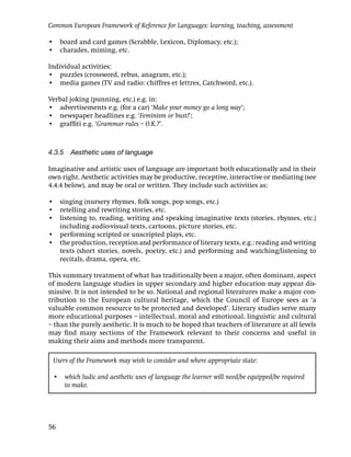 Common European Framework of Reference for Languages: learning, teaching, assessment

• board and card games (Scrabble, Lexicon, Diplomacy, etc.);
• charades, miming, etc.

Individual activities:
• puzzles (crossword, rebus, anagram, etc.);
• media games (TV and radio: chiffres et lettres, Catchword, etc.).

Verbal joking (punning, etc.) e.g. in:
• advertisements e.g. (for a car) ‘Make your money go a long way’;
• newspaper headlines e.g. ‘Feminism or bust!’;
• grafﬁti e.g. ‘Grammar rules – O.K.?’.



4.3.5 Aesthetic uses of language

Imaginative and artistic uses of language are important both educationally and in their
own right. Aesthetic activities may be productive, receptive, interactive or mediating (see
4.4.4 below), and may be oral or written. They include such activities as:

• singing (nursery rhymes, folk songs, pop songs, etc.)
• retelling and rewriting stories, etc.
• listening to, reading, writing and speaking imaginative texts (stories, rhymes, etc.)
  including audio-visual texts, cartoons, picture stories, etc.
• performing scripted or unscripted plays, etc.
• the production, reception and performance of literary texts, e.g.: reading and writing
  texts (short stories, novels, poetry, etc.) and performing and watching/listening to
  recitals, drama, opera, etc.

This summary treatment of what has traditionally been a major, often dominant, aspect
of modern language studies in upper secondary and higher education may appear dis-
missive. It is not intended to be so. National and regional literatures make a major con-
tribution to the European cultural heritage, which the Council of Europe sees as ‘a
valuable common resource to be protected and developed’. Literary studies serve many
more educational purposes – intellectual, moral and emotional, linguistic and cultural
– than the purely aesthetic. It is much to be hoped that teachers of literature at all levels
may ﬁnd many sections of the Framework relevant to their concerns and useful in
making their aims and methods more transparent.

 Users of the Framework may wish to consider and where appropriate state:

 • which ludic and aesthetic uses of language the learner will need/be equipped/be required
   to make.




56
 
