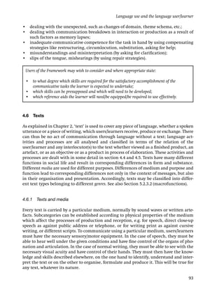 Language use and the language user/learner

• dealing with the unexpected, such as changes of domain, theme schema, etc.;
• dealing with communication breakdown in interaction or production as a result of
  such factors as memory lapses;
• inadequate communicative competence for the task in hand by using compensating
  strategies like restructuring, circumlocution, substitution, asking for help;
• misunderstandings and misinterpretation (by asking for clariﬁcation);
• slips of the tongue, mishearings (by using repair strategies).

 Users of the Framework may wish to consider and where appropriate state:

 • to what degree which skills are required for the satisfactory accomplishment of the
   communicative tasks the learner is expected to undertake;
 • which skills can be presupposed and which will need to be developed;
 • which reference aids the learner will need/be equipped/be required to use effectively.



4.6   Texts

As explained in Chapter 2, ‘text’ is used to cover any piece of language, whether a spoken
utterance or a piece of writing, which users/learners receive, produce or exchange. There
can thus be no act of communication through language without a text; language act-
ivities and processes are all analysed and classiﬁed in terms of the relation of the
user/learner and any interlocutor(s) to the text whether viewed as a ﬁnished product, an
artefact, or as an objective or as a product in process of elaboration. These activities and
processes are dealt with in some detail in section 4.4 and 4.5. Texts have many different
functions in social life and result in corresponding differences in form and substance.
Different media are used for different purposes. Differences of medium and purpose and
function lead to corresponding differences not only in the context of messages, but also
in their organisation and presentation. Accordingly, texts may be classiﬁed into differ-
ent text types belonging to different genres. See also Section 5.2.3.2 (macrofunctions).


4.6.1 Texts and media

Every text is carried by a particular medium, normally by sound waves or written arte-
facts. Subcategories can be established according to physical properties of the medium
which affect the processes of production and reception, e.g. for speech, direct close-up
speech as against public address or telephone, or for writing print as against cursive
writing, or different scripts. To communicate using a particular medium, users/learners
must have the necessary sensory/motor equipment. In the case of speech, they must be
able to hear well under the given conditions and have ﬁne control of the organs of pho-
nation and articulation. In the case of normal writing, they must be able to see with the
necessary visual acuity and have control of their hands. They must then have the know-
ledge and skills described elsewhere, on the one hand to identify, understand and inter-
pret the text or on the other to organise, formulate and produce it. This will be true for
any text, whatever its nature.

                                                                                            93
 