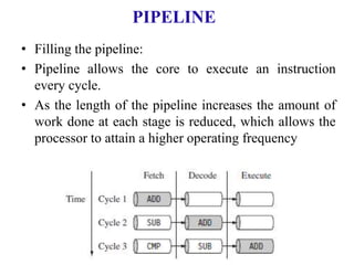 PIPELINE
• Filling the pipeline:
• Pipeline allows the core to execute an instruction
every cycle.
• As the length of the pipeline increases the amount of
work done at each stage is reduced, which allows the
processor to attain a higher operating frequency
 