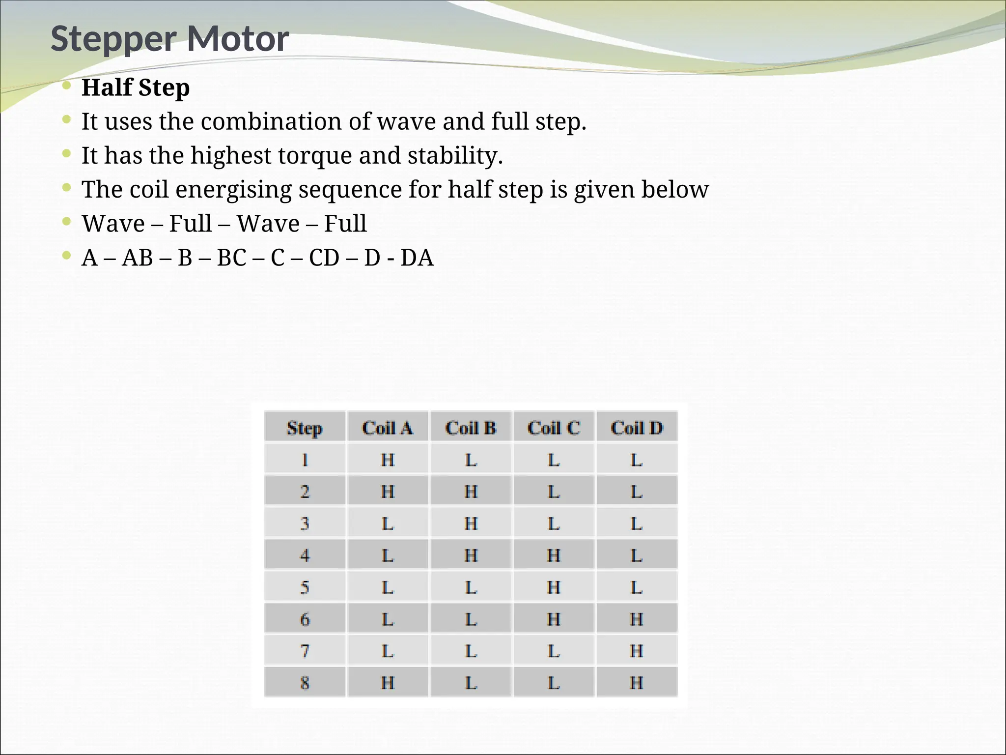 Stepper Motor
 Half Step
 It uses the combination of wave and full step.
 It has the highest torque and stability.
 The coil energising sequence for half step is given below
 Wave – Full – Wave – Full
 A – AB – B – BC – C – CD – D - DA
 