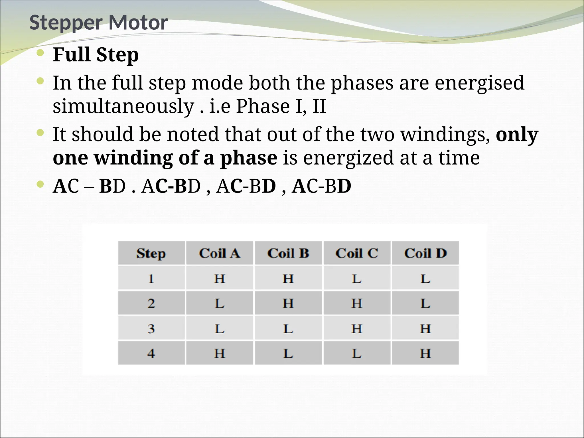 Stepper Motor
 Full Step
 In the full step mode both the phases are energised
simultaneously . i.e Phase I, II
 It should be noted that out of the two windings, only
one winding of a phase is energized at a time
 AC – BD . AC-BD , AC-BD , AC-BD
 