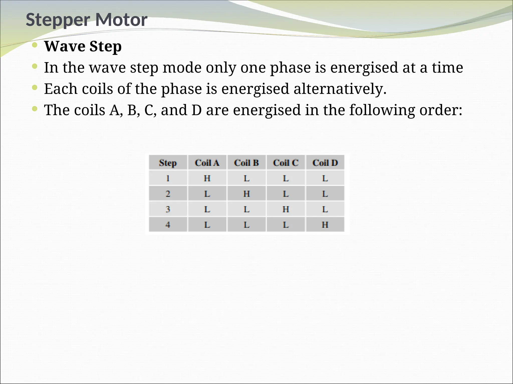 Stepper Motor
 Wave Step
 In the wave step mode only one phase is energised at a time
 Each coils of the phase is energised alternatively.
 The coils A, B, C, and D are energised in the following order:
 