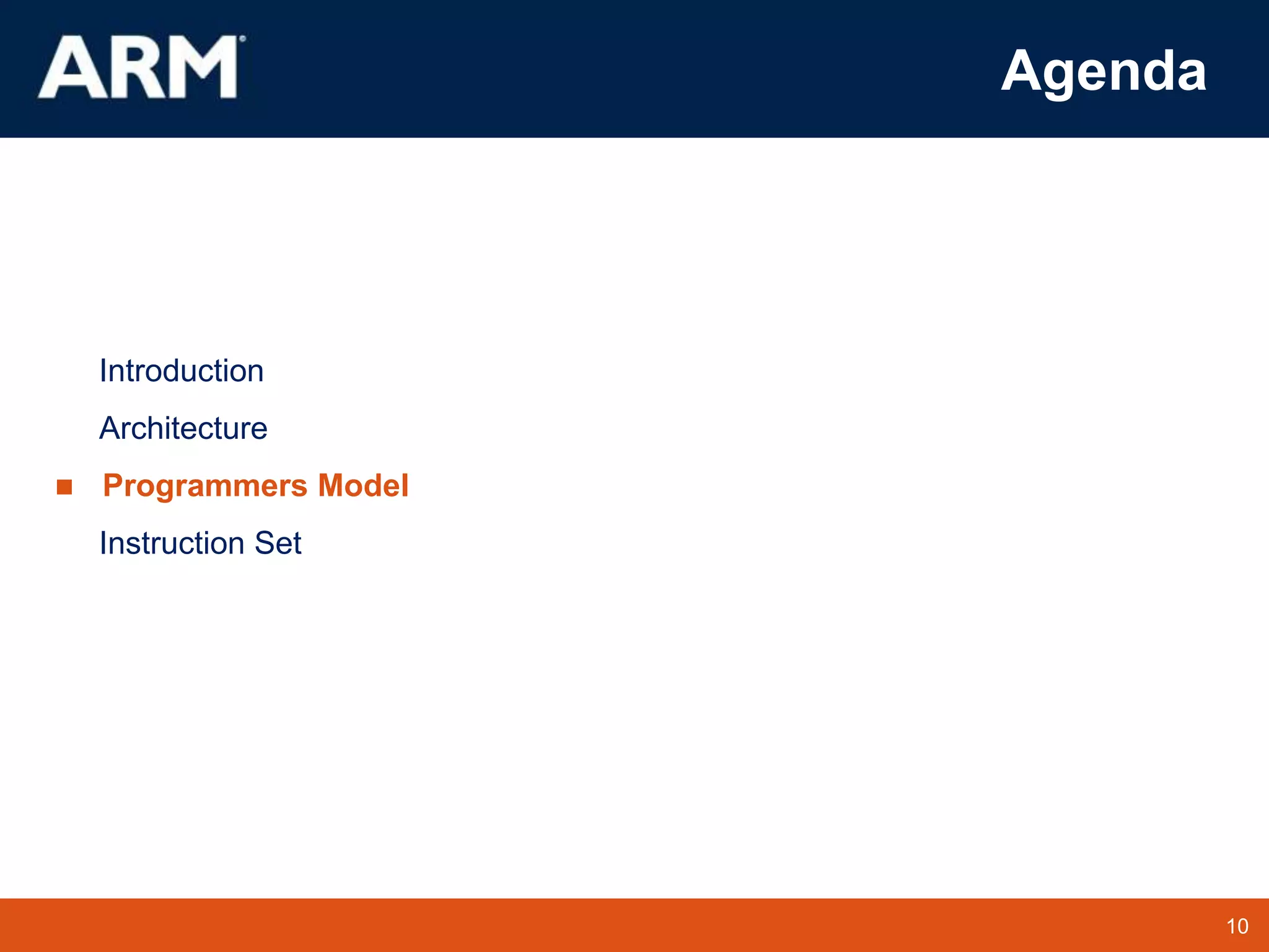 10
TM 10
Agenda
Introduction
Architecture
 Programmers Model
Instruction Set
 