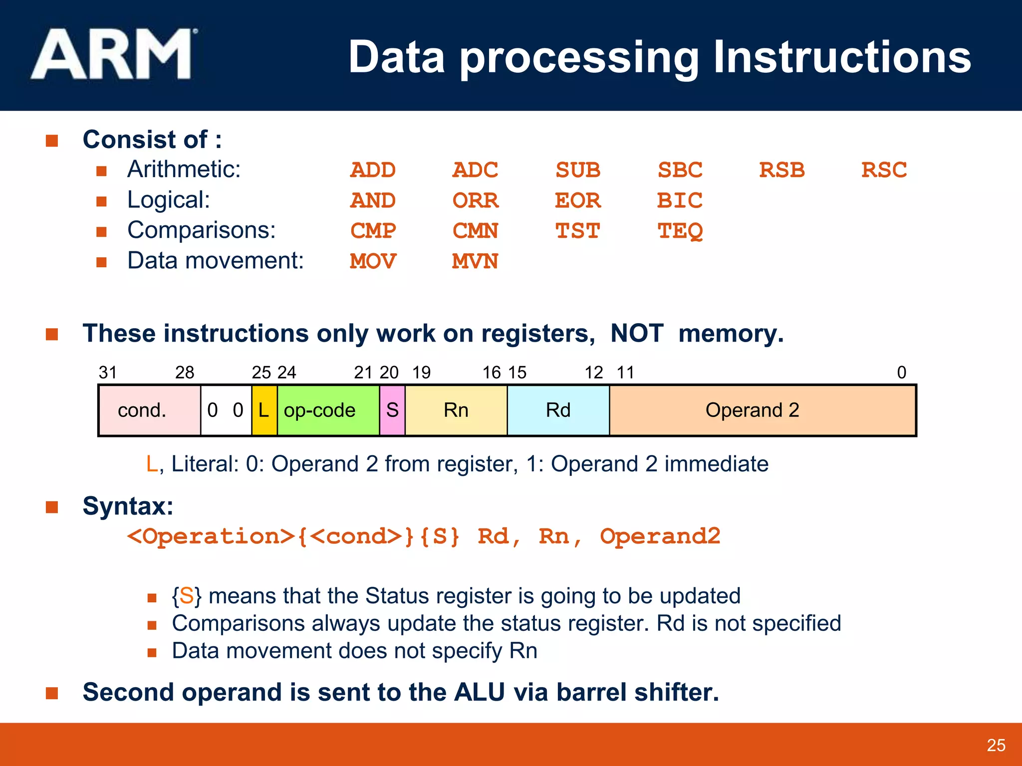 25
TM 25
Data processing Instructions
 Consist of :
 Arithmetic: ADD ADC SUB SBC RSB RSC
 Logical: AND ORR EOR BIC
 Comparisons: CMP CMN TST TEQ
 Data movement: MOV MVN
 These instructions only work on registers, NOT memory.
L, Literal: 0: Operand 2 from register, 1: Operand 2 immediate
 Syntax:
<Operation>{<cond>}{S} Rd, Rn, Operand2
 {S} means that the Status register is going to be updated
 Comparisons always update the status register. Rd is not specified
 Data movement does not specify Rn
 Second operand is sent to the ALU via barrel shifter.
31 28 25 24 20 16 15 12 11 0
21 19
0 Rd Operand 2
Rn
S
op-code
L
0
cond.
 