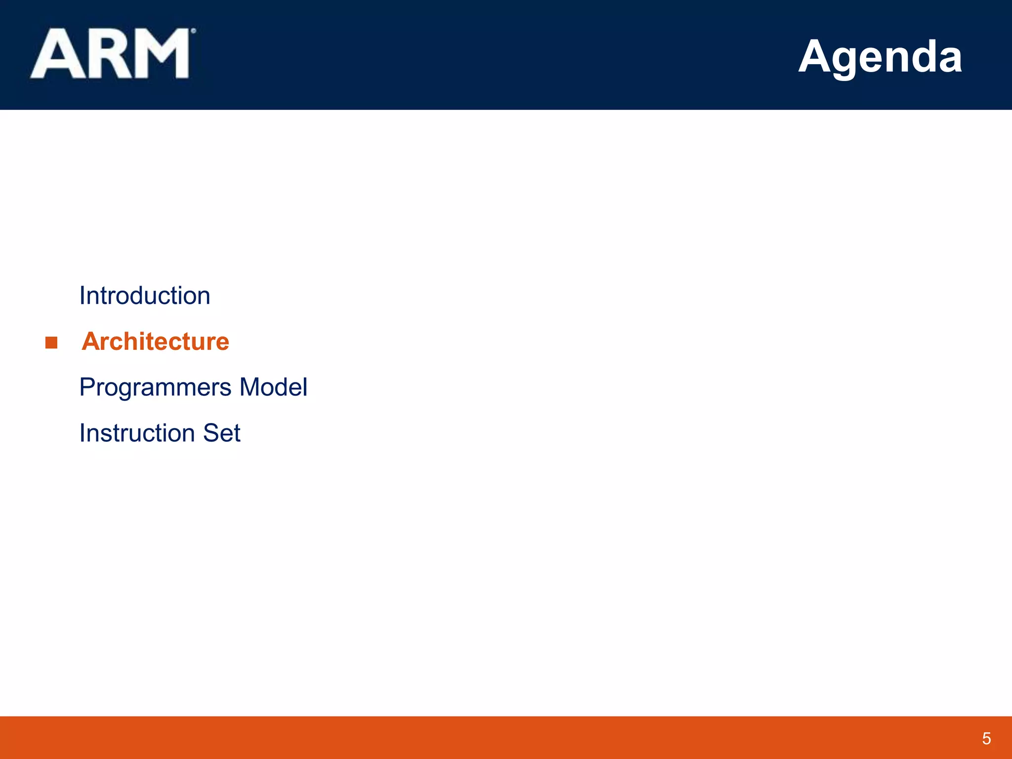 5
TM 5
Agenda
Introduction
 Architecture
Programmers Model
Instruction Set
 