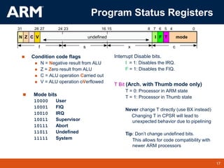 17
TM 17
Program Status Registers
 Condition code flags
 N = Negative result from ALU
 Z = Zero result from ALU
 C = ALU operation Carried out
 V = ALU operation oVerflowed
Interrupt Disable bits.
I = 1: Disables the IRQ.
F = 1: Disables the FIQ.
T Bit (Arch. with Thumb mode only)
T = 0: Processor in ARM state
T = 1: Processor in Thumb state
Never change T directly (use BX instead)
Changing T in CPSR will lead to
unexpected behavior due to pipelining
Tip: Don’t change undefined bits.
This allows for code compatibility with
newer ARM processors
 Mode bits
10000 User
10001 FIQ
10010 IRQ
10011 Supervisor
10111 Abort
11011 Undefined
11111 System
I F T
N Z C V
31 28 27 24 23 16 15 7
8 6 5 4
mode
0
undefined
f x c
s
 