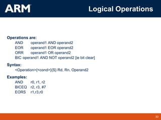 33
TM 33
Logical Operations
Operations are:
AND operand1 AND operand2
EOR operand1 EOR operand2
ORR operand1 OR operand2
BIC operand1 AND NOT operand2 [ie bit clear]
Syntax:
<Operation>{<cond>}{S} Rd, Rn, Operand2
Examples:
AND r0, r1, r2
BICEQ r2, r3, #7
EORS r1,r3,r0
 