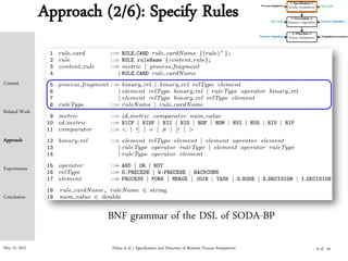 May 15, 2015
Approach (2/6): Specify Rules
Palma et al. | Specification and Detection of Business Process Antipatterns
BNF grammar of the DSL of SODA-BP
Context
Related Work
Approach
Experiments
Conclusion
9 of 24
 