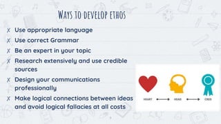 9
Ways to develop ethos
✘ Use appropriate language
✘ Use correct Grammar
✘ Be an expert in your topic
✘ Research extensively and use credible
sources
✘ Design your communications
professionally
✘ Make logical connections between ideas
and avoid logical fallacies at all costs
 
