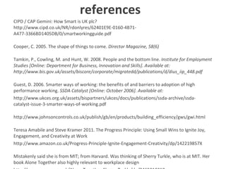 references CIPD / CAP Gemini: How Smart is UK plc? http://www.cipd.co.uk/NR/rdonlyres/62401E9E-0160-4B71-A477-3366BD1405DB/0/smartworkingguide.pdf Cooper, C. 2005. The shape of things to come.  Director Magazine, 58(6)  Tamkin, P., Cowling, M. and Hunt, W. 2008. People and the bottom line.  Institute for Employment Studies [Online: Department for Business, Innovation and Skills]. Available at: http://www.bis.gov.uk/assets/biscore/corporate/migratedd/publications/d/dius_iip_448.pdf  Guest, D. 2006. Smarter ways of working: the benefits of and barriers to adoption of high performance working.  SSDA Catalyst [Online: October 2006]. Available at:  http://www.ukces.org.uk/assets/bispartners/ukces/docs/publications/ssda-archive/ssda-catalyst-issue-3-smarter-ways-of-working.pdf http://www.johnsoncontrols.co.uk/publish/gb/en/products/building_efficiency/gws/gwi.html Teresa Amabile and Steve Kramer 2011. The Progress Principle: Using Small Wins to Ignite Joy, Engagement, and Creativity at Work http://www.amazon.co.uk/Progress-Principle-Ignite-Engagement-Creativity/dp/142219857X Mistakenly said she is from MIT; from Harvard. Was thinking of Sherry Turkle, who is at MIT. Her book Alone Together also highly relevant to workplace design http://www.amazon.co.uk/Alone-Together-Sherry-Turkle/dp/0465010210 
