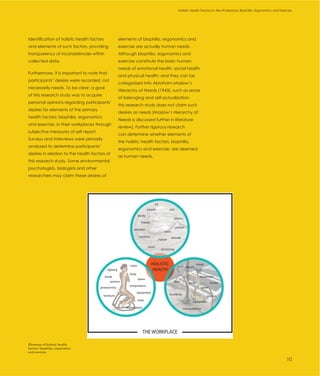 Introduction                                                                   Holistic Health Factors in the Workplace: Biophilia, Ergonomics and Exercise




identification of holistic health factors      elements of biophilia, ergonomics and
and elements of such factors, providing        exercise are actually human needs.
transparency of inconsistencies within         Although biophilia, ergonomics and
collected data.                                exercise constitute the basic human
                                               needs of emotional health, social health
Furthermore, it is important to note that
                                               and physical health; and they can be
participants’ desires were recorded, not
                                               categorized into Abraham Maslow’s
necessarily needs. To be clear, a goal
                                               Hierarchy of Needs (1943), such as sense
of this research study was to acquire
                                               of belonging and self-actualization,
personal opinions regarding participants’
                                               this research study does not claim such
desires for elements of the primary
                                               desires as needs (Maslow’s Hierarchy of
health factors: biophilia, ergonomics
                                               Needs is discussed further in literature
and exercise, in their workplaces through
                                               review). Further rigorous research
subjective measures of self report.
                                               can determine whether elements of
Surveys and interviews were primarily
                                               the holistic health factors, biophilia,
analyzed to determine participants’
                                               ergonomics and exercise, are deemed
desires in relation to the health factors of
                                               as human needs.
this research study. Some environmental
psychologists, biologists and other
researchers may claim these desires of




Elements of holistic health
factors: biophilia, ergonomics
and exercise

                                                                                                                                                       10
 